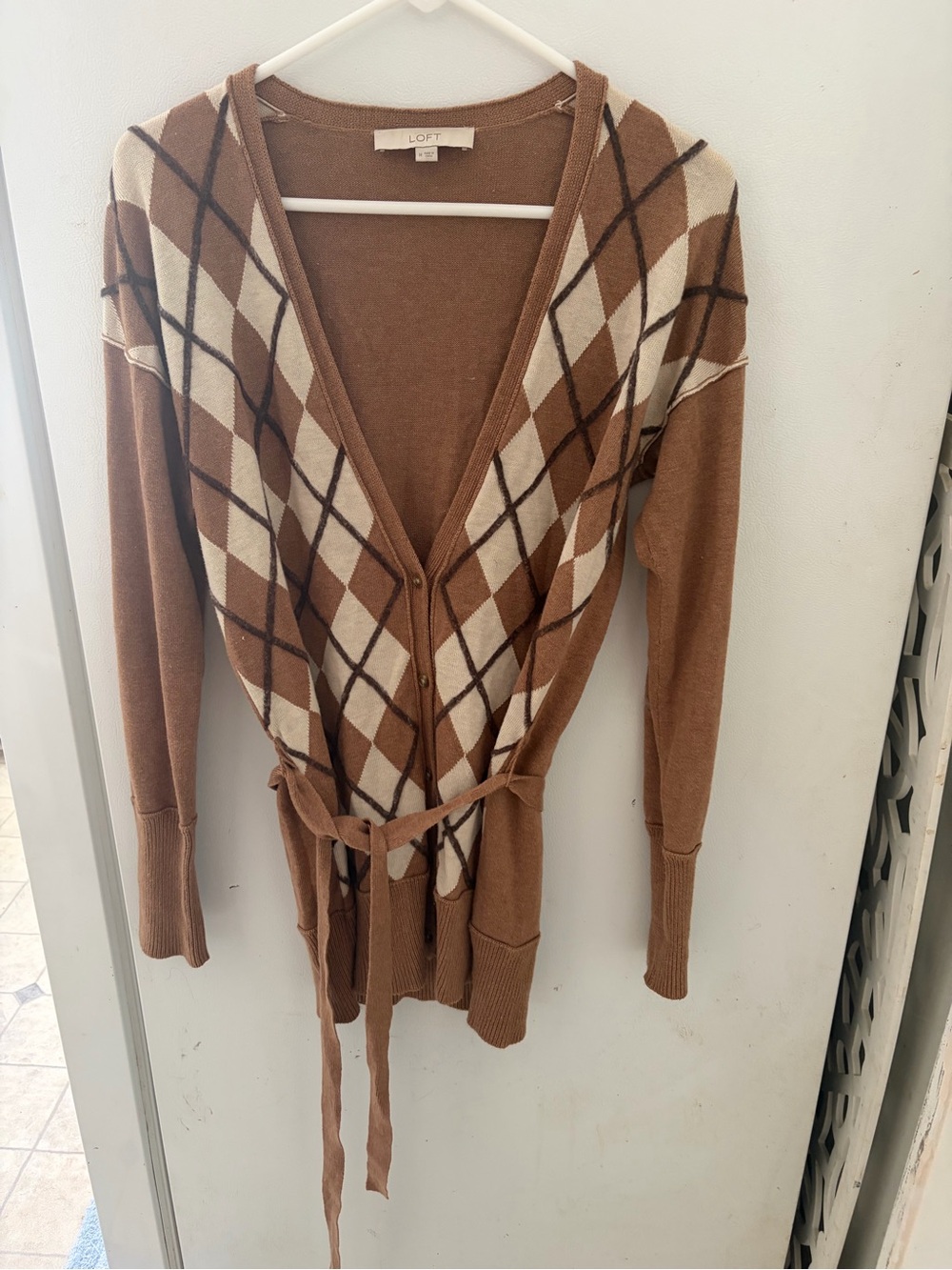 LOFT Camel and Cream Argyle Belted Cardigan